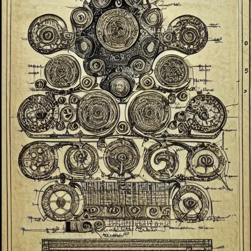 Prompt: schematic blueprint of highly detailed ornate filigreed convoluted ornamented elaborate medical equipment, art by da vinci