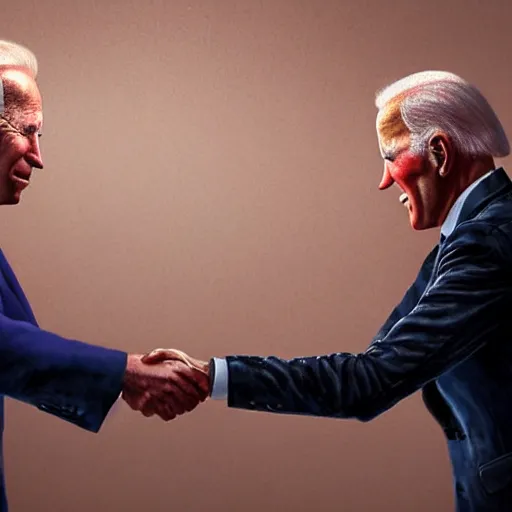Image similar to hyperrealistic mixed media image of joe biden shaking hands with a clown, stunning 3 d render inspired art by istvan sandorfi and greg rutkowski, perfect facial symmetry, realistic, highly detailed attributes and atmosphere, dim volumetric cinematic lighting, 8 k octane extremely hyper - detailed render, post - processing, masterpiece,