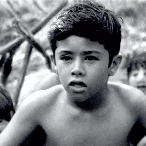 Prompt: ricky garcia plays ralph in lord of the flies ( 1 9 6 3 ), 3 5 mm black and white, highly detailed, cinematic lighting