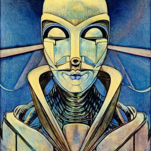 Prompt: the robot in her mechanical mask, by annie swynnerton and diego rivera and leo and diane dillon, symbolist, dramatic lighting, elaborate geometric ornament, art brut, god rays, soft cool colors, smooth, sharp focus, extremely detailed, adolf wolfli