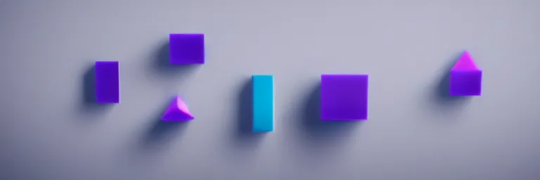 Prompt: clay rendering of simple geometric shapes floating in a grey flat sky, small glowing cylinders hover around the shapes, cool purple slate blue lighting, cgi, ambient occlusion, masterwork, splash page, widescreen 4 k