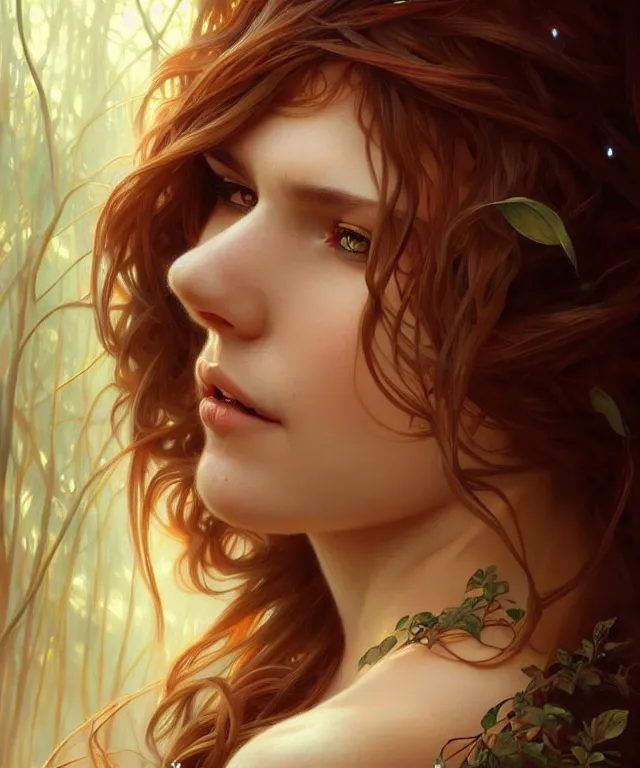 Image similar to Forest nymph woman portrait, amber eyes, face, long hair, fantasy, intricate, elegant, highly detailed, digital painting, artstation, concept art, smooth, sharp focus, illustration, art by artgerm and greg rutkowski and alphonse mucha