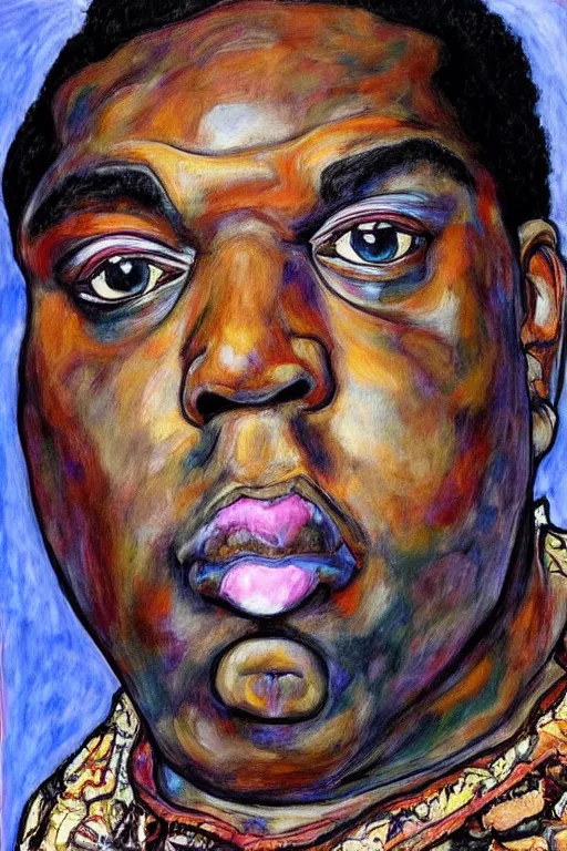 Image similar to a portrait of biggie smalls wearing boho - chic style clothes, full body!!, realistic painting in egon schiele style, masterpiece, hyperdetailed, complex, intricate, 4 k, trending on artstation