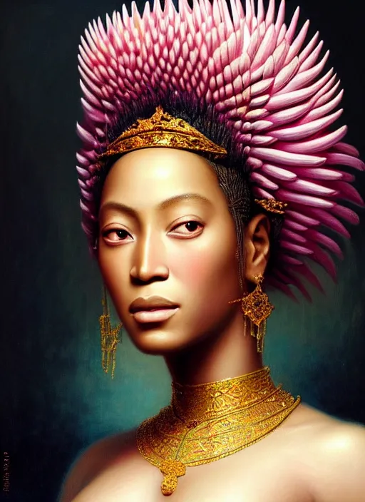 Image similar to stunning beyonce giselle knowles as a japanese godess, detailed pink and white protea head peace against a black backdrop by ivan aivazovsky, wlop, sharp details, photorealism, oil painting, beautiful soft lighting, muted colours, artstation