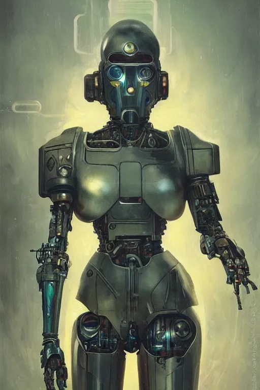 Image similar to fullbody or portrait, simple futurist cyborg empress, warhammer 4 0 k, perfect future, award winning art by santiago caruso, iridescent color palette, by wlop and karol bak and bouguereau and viktoria gavrilenko, 1 9 7 0 s retro future robot android. muted colors