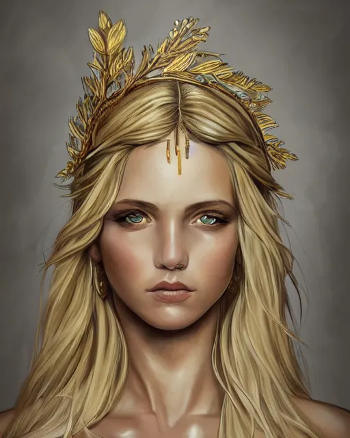 Image similar to front view of beautiful aphrodite greek goddess wearing a gold laurel wreath and triangle earrings, realism tattoo sketch, beautiful piercing eyes with sharp pupils, beautiful blonde hair, in the style of greg rutkowski, fantasy, amazing detail, epic, elegant, smooth, sharp focus