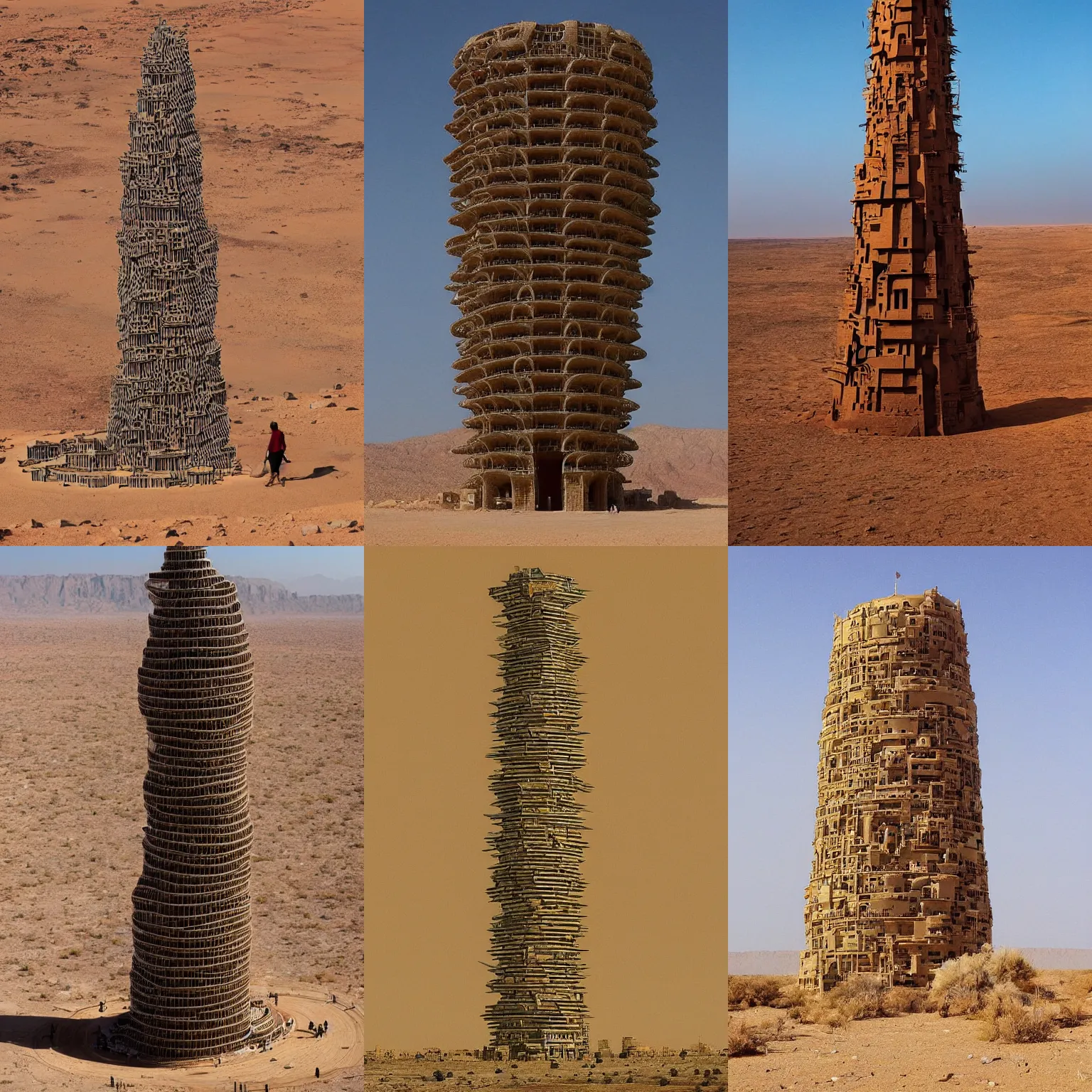 Prompt: a huge human-shaped tower in the desert, inhabited by hundreds of people, in the style of Moebius