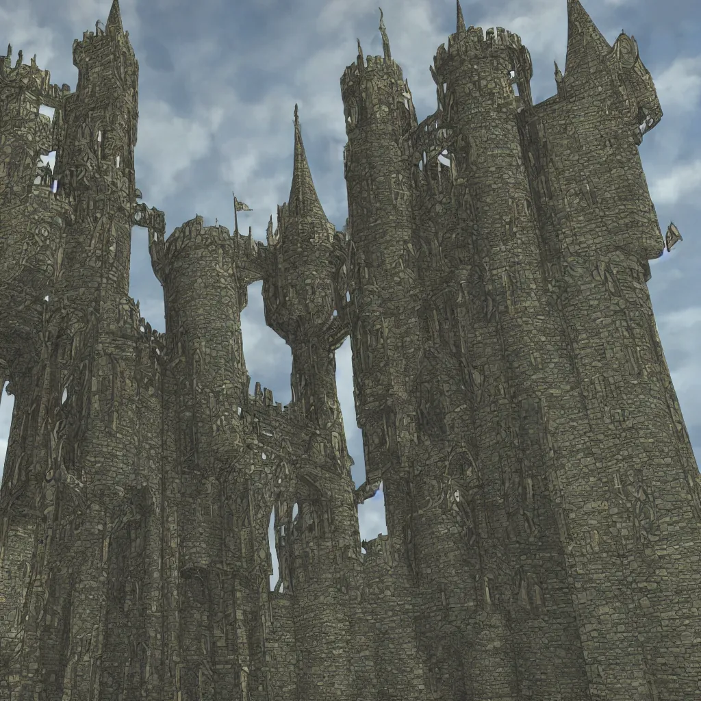 Prompt: tall fantasy celtic castle, 4 tall towers, photorealistic, hyper detailed, picture taken from the ground, first person perspective, realistic