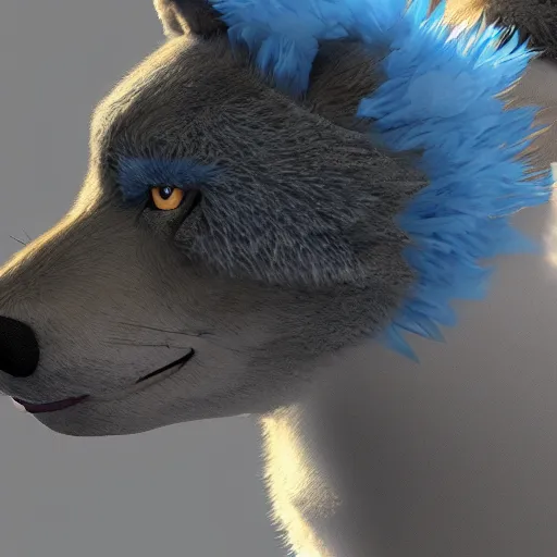 Image similar to 3 d render, well toned, large and tall, female anthropomorphic wolf with a short muzzle, blue scales and fur with white spots and wings on her back, icey blue dress, furr covering her chest.