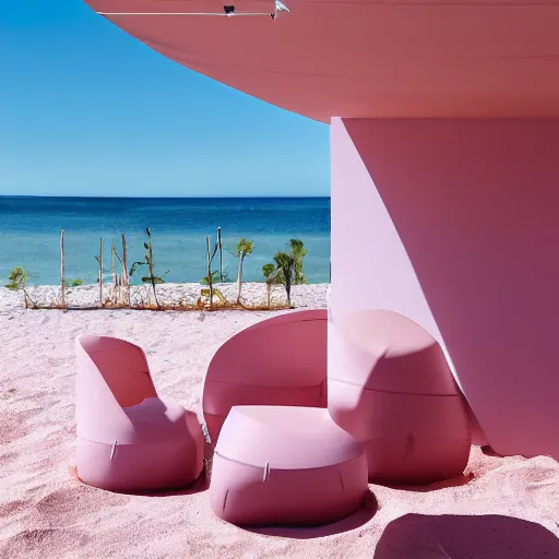 Image similar to An ultra high definition, professional photograph of an outdoor partial IKEA showroom inspired sculpture located on a pastel pink beach ((with pastel pink, dimpled sand where every item is pastel pink. )) The sun can be seen rising through a window in the showroom. The showroom unit is outdoors and the floor is made of dimpled sand. The showroom unit takes up 20% of the frame. Morning time indirect lighting with on location production lighting on the showroom. In the style of wallpaper magazine, Wes Anderson.