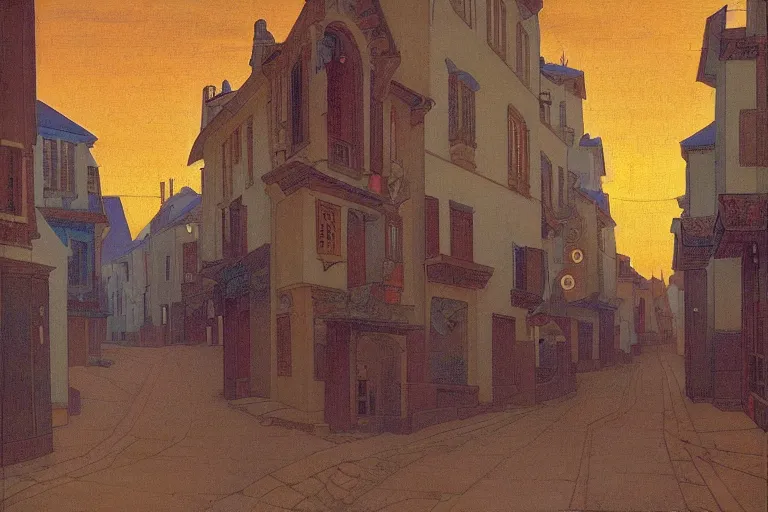 Image similar to winding street at twilight in a very old very beautiful city by George Price Boyce and Nicholas Roerich and jean delville, glowing paper lanterns, strong dramatic cinematic lighting , ornate tiled architecture, lost civilizations, smooth, sharp focus, extremely detailed