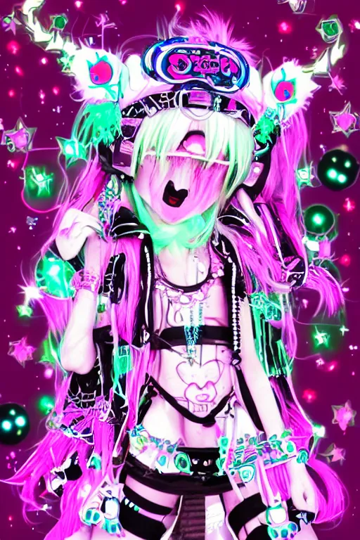 Prompt: cybergoth decora glitchcore yokai girl, sanrio ornaments, pastel cute cinematography | spiked korean bloodmoon sigil stars draincore, gothic demon hellfire hexed witchcore aesthetic, dark vhs gothic hearts, neon glyphs spiked with red maroon glitter breakcore Y2K horrorcore metal album cover