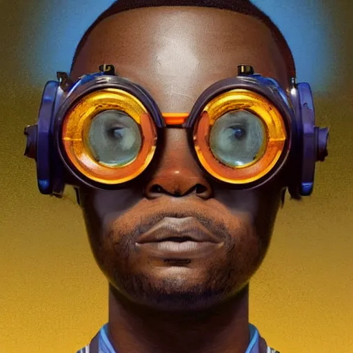 Image similar to colourful vfx upper half - portrait - art of a nigerian boy wearing steam punk goggles, art by utagawa kunisada & james jean, symmetrical, intricate detail, concept art, volumetric light, ray tracing, caricature, digital illustration, octane 3 d render, unreal engine, sharp, 8 k post process, pinterest, behance, art station,