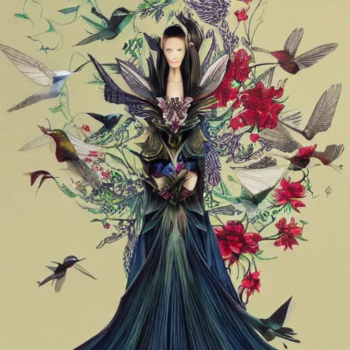 Image similar to full length view of a beautiful girl wearing an origami dress, hummingbirds, elegant, by esao andrews, by eiko ishioka, givenchy, by peter mohrbacher, centered, dramatic, floral ornamentic on cloth and hair, detailed beautiful face, high depth of field, origami, detailed fashion illustration, vogue, japanese, reallusion character creator