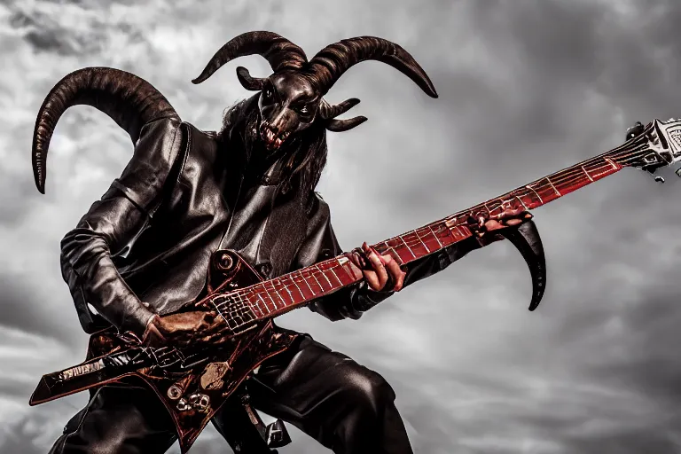 Prompt: a cinematic photo of humanoid goat demon as a metal guitarist, 4 k