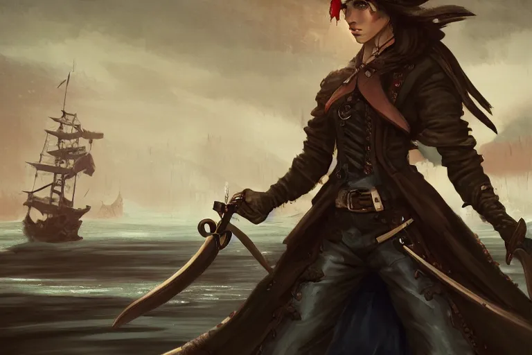 Prompt: a pirate lady wearing long dark clothes holding dual swords with her hands in a ship deck, digital painting, mixed media, trending on artstation and deviantart, epic composition, highly detailed, 8 k