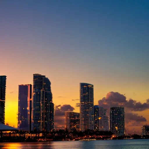 Image similar to a cinematic shot of downtown miami at golden hour, vivid sunset, canon eos c 3 0 0, ƒ 4. 0, in - focus, 3 5 mm, 8 k, medium - format print, inspired by roger deakins cinematography