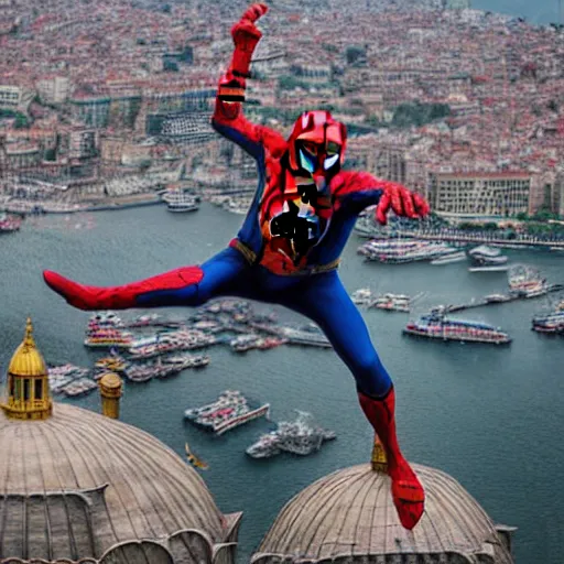 Image similar to Spider-man on top of the Galata Tower in Istanbul, photorealistic, 4K, 200mm lens