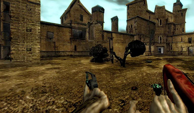 Prompt: Combat in a survival horror game with UI, PS1, first-person, 2DCG, 3D environment, by Hieronymous Bosch