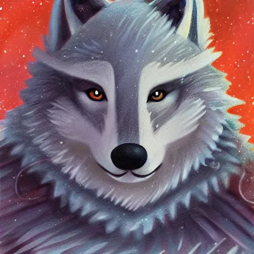 Prompt: Beatiful portrait of an anthro anthropomorphic wolf wearing a cute cozy soft pastel winter outfit winter Atmosphere. detailed, inked, western comic book art, award winning painting