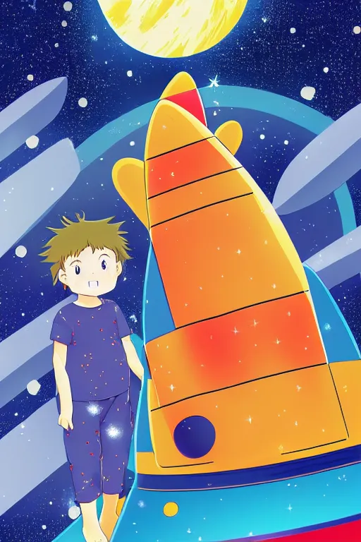 Prompt: a beautiful boy in pajamas and a bear, next to them a ship in the form of a space rocket in the background a galaxy full of stars, a planet full of holes, magic world. colorful, children's book cover, high detail illustration, sharp high detail, manga and anime