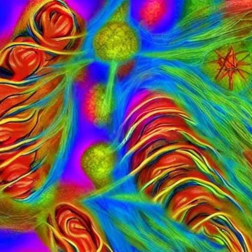 Image similar to the human nervous system in fantastic colours floating in space. digital art.