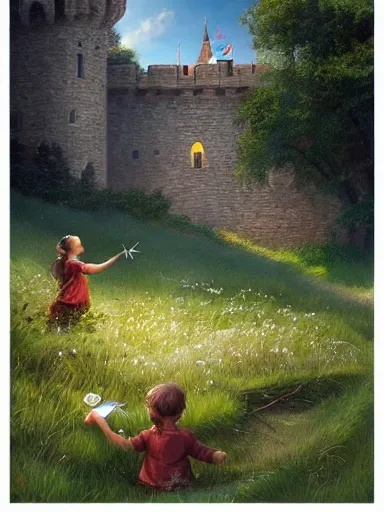 Image similar to children playing inside a meadow in the castle walls. intricate, elegant, highly detailed, digital painting, artstation, concept art, sharp focus, illustration, by justin gerard and artgerm, 8 k