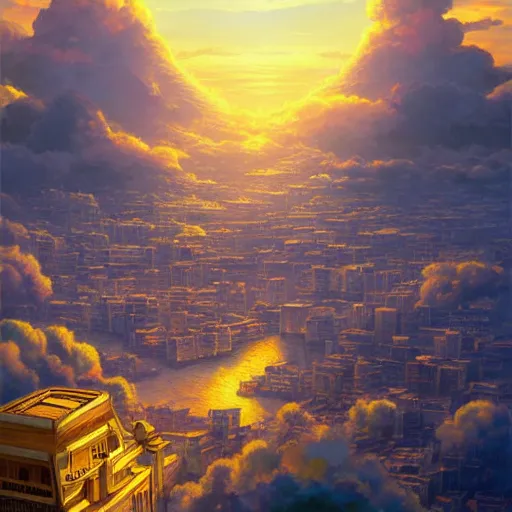 Image similar to the golden city of the gods in the clouds by killian eng and makoto shinkai and studio ghibli