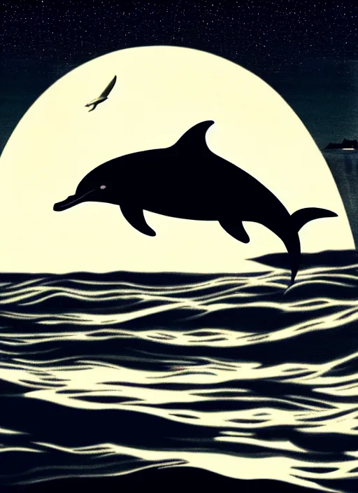 Prompt: dolphin jumping out of the ocean, splashing water, full moon, night stars, scenery wallpaper aesthetic, beautiful, cinematic, dramatic, super detailed and intricate, 4 k render, by koson ohara, by darwyn cooke, by satoshi kon