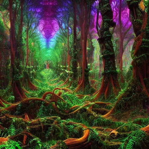 Prompt: psychedelic flowing illusion illusionary visionary immensely beautiful forest of intertwined trees and breathing living knowledge, by tyler edin and luke brown albert bierstadt and salvador dali hyperrealism photo - realistic photography volumetric lighting heavenly intricate