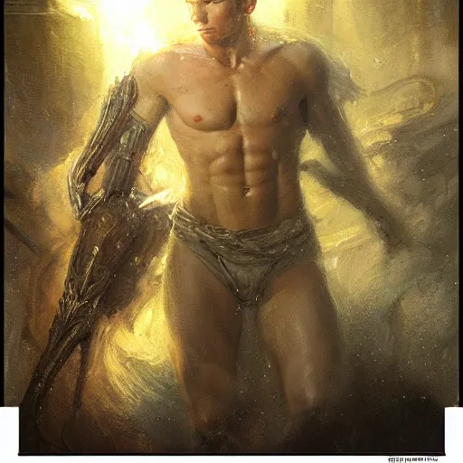 Image similar to handsome portrait of a young guy fitness posing, war hero, radiant light, caustics, translucent rainfall, berserk, by gaston bussiere, bayard wu, greg rutkowski, giger, maxim verehin