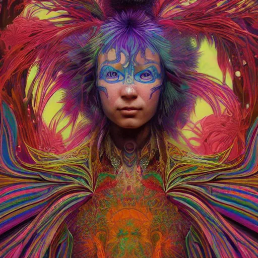 Image similar to A reality bending psychedelic ayahuasca experience, colorful, distorted, surreal, tropical bird feathers, dramatic lighting on the face, intricate, elegant, highly detailed, digital painting, concept art, smooth, sharp focus, illustration, art by Krenz Cushart and Wayne Barlowe and alphonse mucha