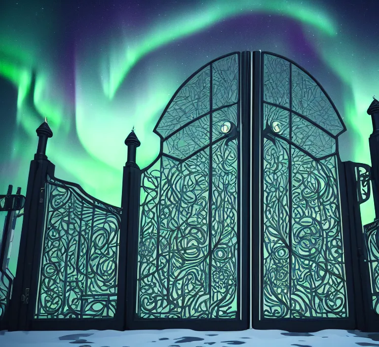 Image similar to a very detailed concept art of intricate and minimalistic gates to aurora borealis, trending on artstation, symmetry, digital art, 4 k, hyper realistic, octane render, sharp focus