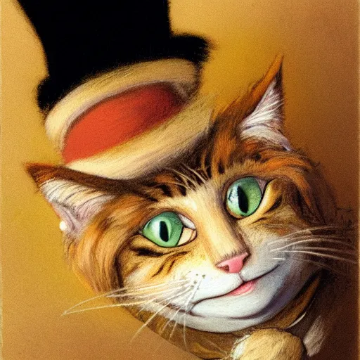 Image similar to mike myers as the cat in the hat painted by brian froud, side - lit, sepia - toned