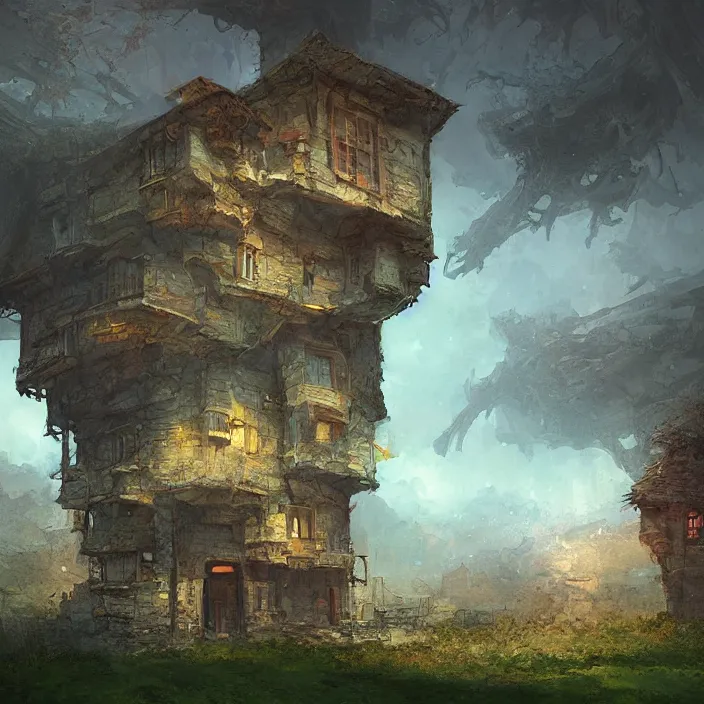 Image similar to a building in a landscape, by marc simonetti