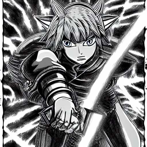 Image similar to fierce deity link fighting majora's mask in the style of berserk by kentaro miura