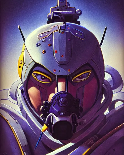 Image similar to hanzo from overwatch, cyber suit, hologram mask, character portrait, portrait, close up, concept art, intricate details, highly detailed, vintage sci - fi poster, retro future, vintage sci - fi art, in the style of chris foss, rodger dean, moebius, michael whelan, and gustave dore