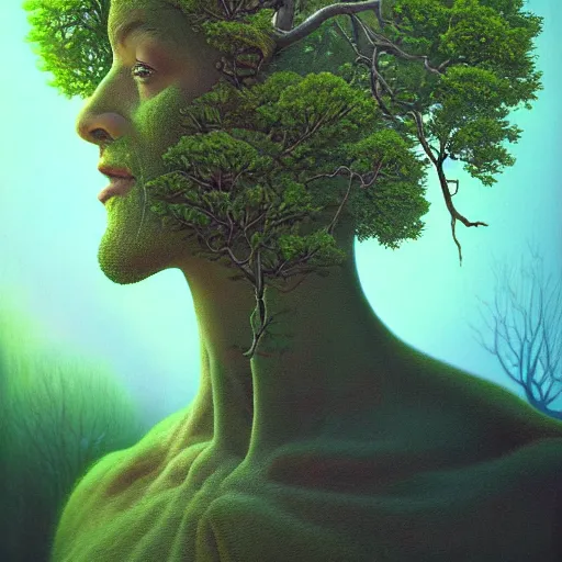 Prompt: masterpiece closeup portrait of Tree Plant-Person in a surreal dream landscape, cinematic lighting, Michael Whelan