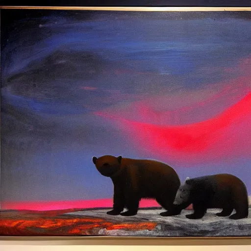 Image similar to the epic abstract painting'blue arctic void with black and red aurora borealis above a tiny polar bear family ', by caspar david friedrich!!!, by rothko!!!, stunning masterpiece, trending on artstation