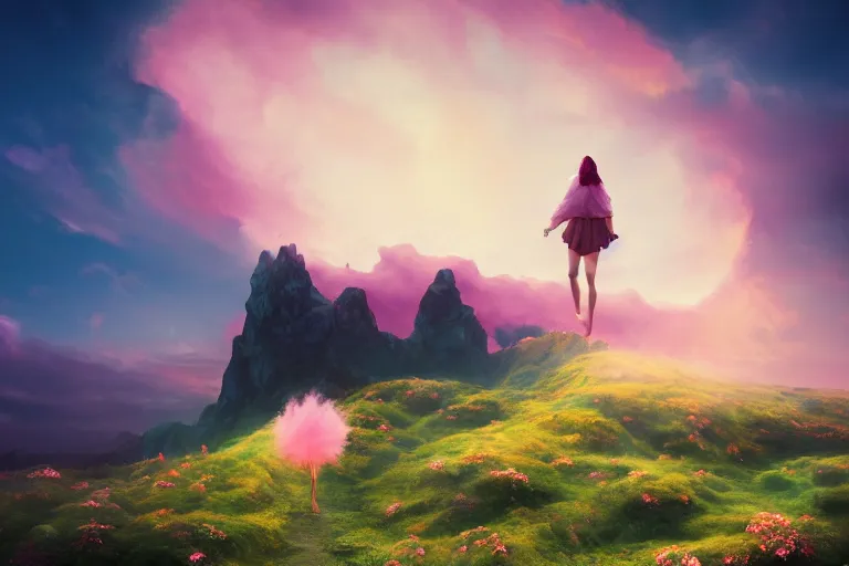 Image similar to giant dahlia flower crown under head, girl walking on dramatic mountain, surreal photography, pink storm clouds, sunset, impressionist painting, digital painting, artstation, simon stalenhag