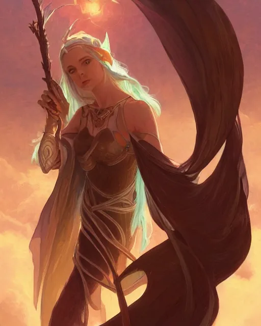 Prompt: magical female Mage, elf of race, holding her magical staff on a beautiful alien planet, portrait, elegant, intricate, digital painting, artstation, concept art, smooth, sharp focus, illustration, art by artgerm and greg rutkowski and alphonse mucha