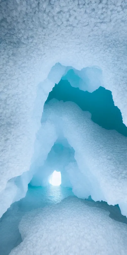 Prompt: sea cave of white crystals, wide shot, naturalistic floor made of blue ocean, highly complex, cinematic, atmospheric