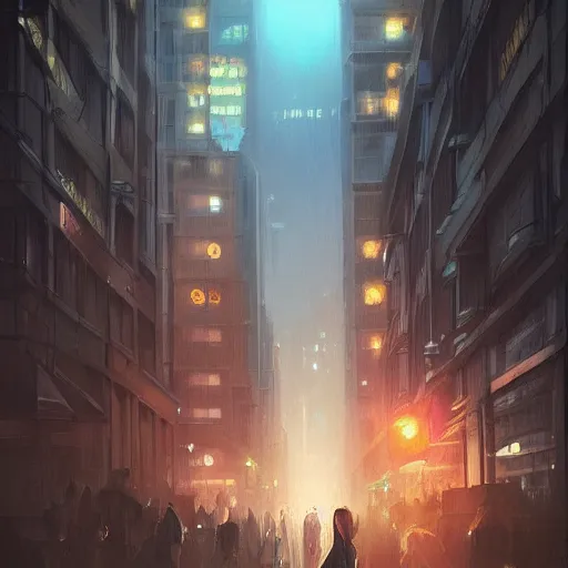 Image similar to a beautiful paiting of Night Life of downtown street by Ross Tran, dark ambient, beautiful, UHD, hyperrealism, Surreal and Fantasy Art, absurdist