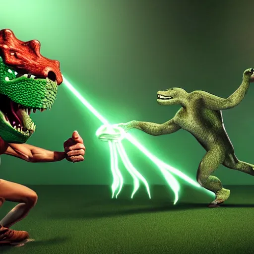 Image similar to a human punching with his right arm at a green tyrannosaurus rex creating a nuclear bomb explosion, 3 d, dynamic lighting, vivid imagery