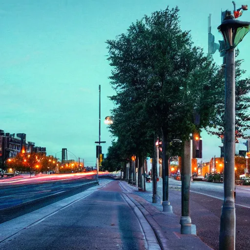 Image similar to boulevard, median with trees, uptown neighborhood, liminal space, traffic lights, blue hour