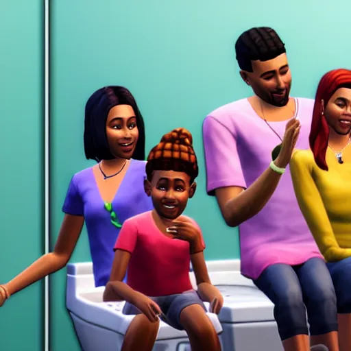 Prompt: Photo of a sims 4 family sitting on the toilet while holding hands, video game, 4k, high quality, wide angle,