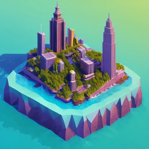 Image similar to manhattan on a floating island in the sky, waterfalls falling down, low poly art, isometric art, 3d render, ray tracing, high detail, artstation, concept art, behance, smooth, sharp focus, ethereal lighting