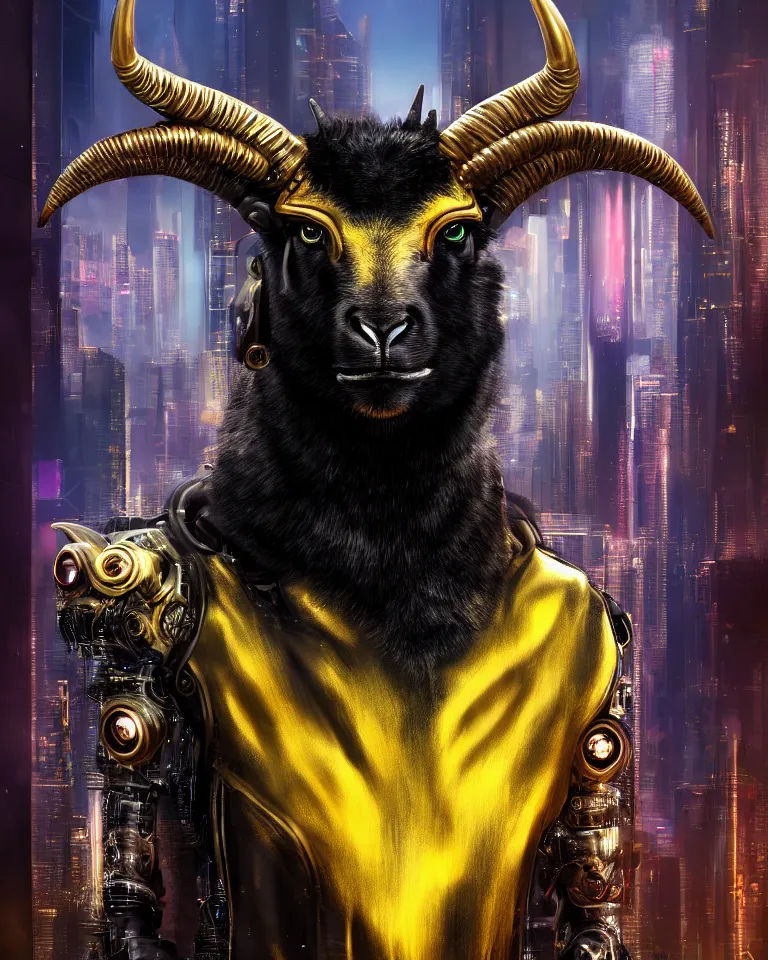 Image similar to cyberpunk Black ram with golden horns portrait, detailed face and eyes, city background, by Anne Stokes, 8K DoP