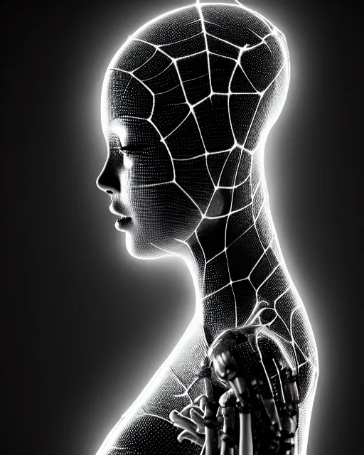 Image similar to black and white cyborg-plant goddess high quality photo, artificial intelligence, bio-mechanical bio-luminescence, artificial spider web, neurons, nerve cells, octane render, cinematic, rim light, hyper realism, photo-realistic, high detail, 8k, in the style of Steven Meisel and Dora Maar and H.G. Giger