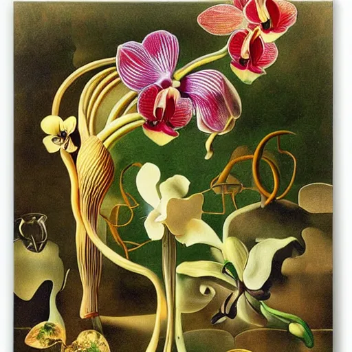 Prompt: infinite space on minestrone plants and orchids by cirico, salvador dali